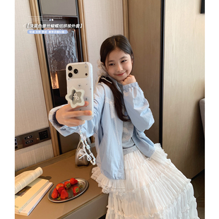 少女立领夹克学生休闲拉链开衫 新款 女大童浅蓝蕾丝边外套2026春季