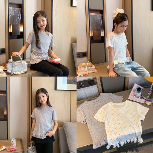 芭蕾风法式波点花边下摆短袖T恤