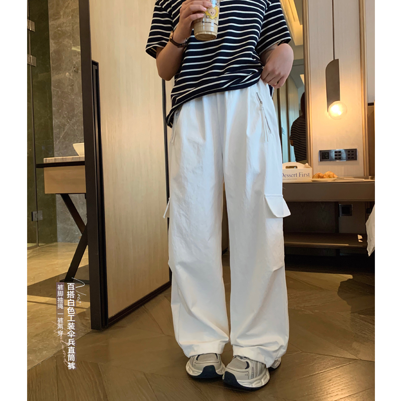 白色慵懒工装伞兵裤收口两穿