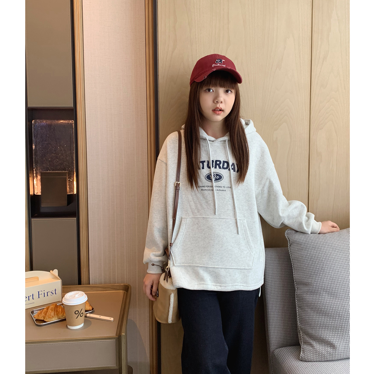 美式休闲加绒保暖米灰色连帽卫衣