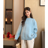 少女慵懒加厚针织衫 女大童浅蓝花纱圆领毛衣2025冬装 新款 学生上衣