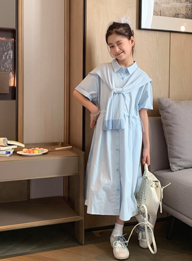 女大童浅蓝披肩衬衫裙2026夏季新款青少年宽松学院连衣裙学生长裙