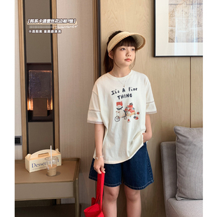 卡通短袖 女大童蕾丝拼袖 少女韩版 新款 初中生薄棉T上衣 T恤2025夏装