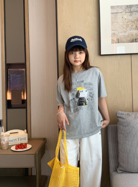 女大童韩版卡通短袖2025夏装新款初中生灰色宽松T恤薄棉透气上衣
