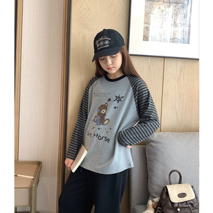 加绒上衣打底衫 女大童德绒插肩袖 初中生卡通拼袖 新款 T恤2025冬季