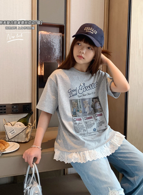女大童灰色花边短袖2025夏季新款初中生韩版宽松潮T恤少女棉T上衣