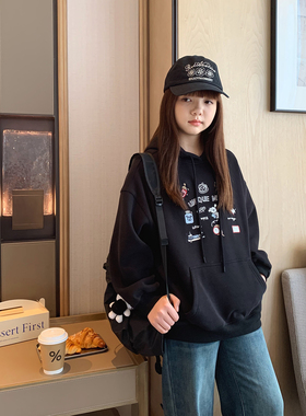 女大童黑色卡通刺绣帽衫2025冬装新款青少年韩版休闲加绒连帽卫衣