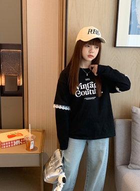 女大童黑色花边拼袖T恤2025春季新款初中生宽松假两件长袖棉T上衣