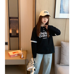 初中生宽松假两件长袖 新款 棉T上衣 T恤2025春季 女大童黑色花边拼袖