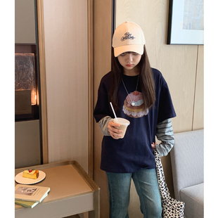 学生休闲假两件长袖 女大童韩版 新款 T恤2025秋装 亲子上衣 条纹拼袖