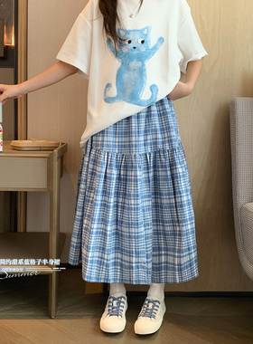 女大童韩版蓝格子半身裙2026夏季新款初中生韩版学院风A字裙伞裙