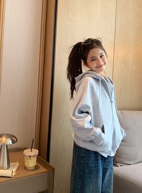 韩系baby蓝满印碎花连帽卫衣开衫