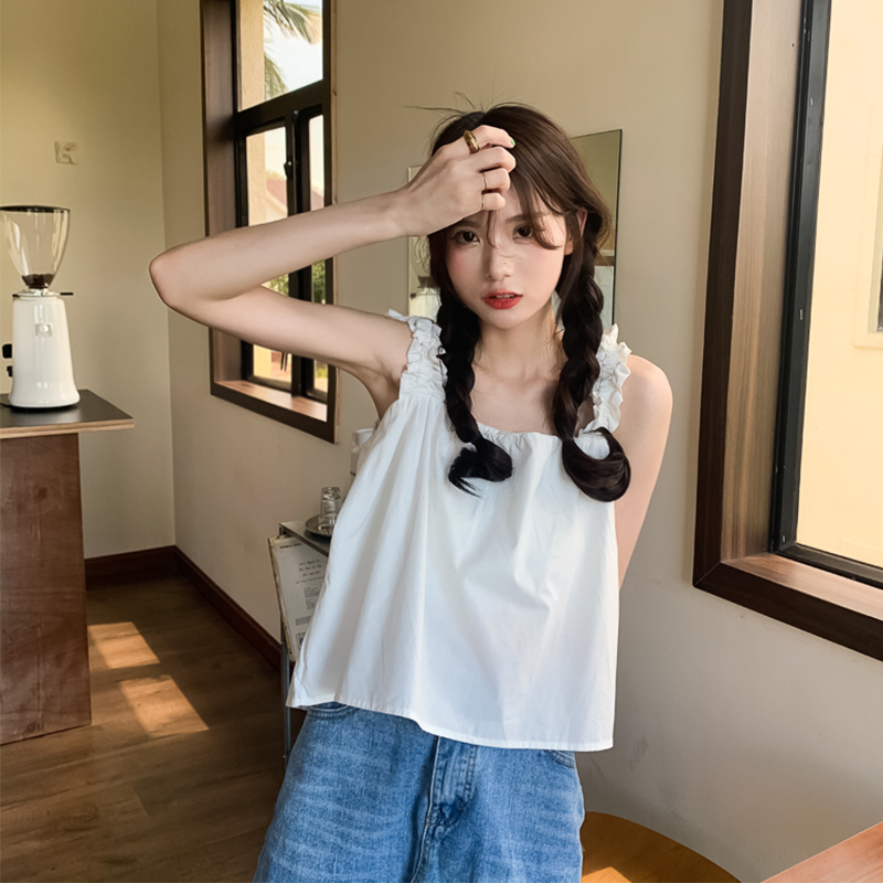 Real price real shot 2021 new design pure color vest Female Minority square collar wooden ear edge sleeveless top summer