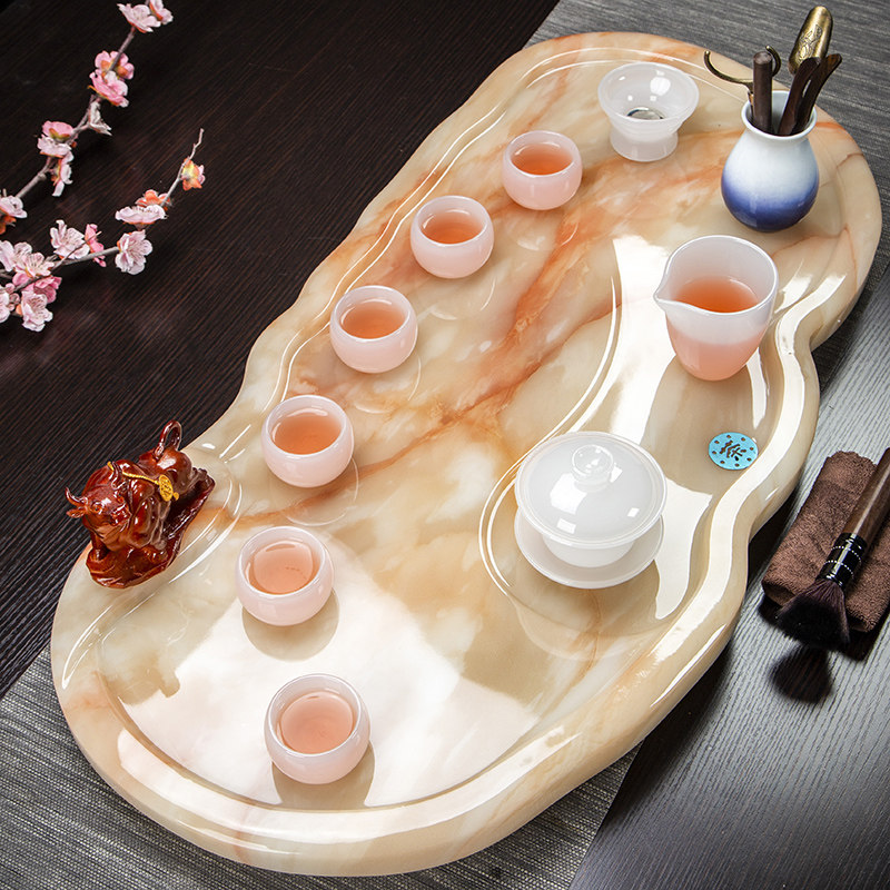 家用高端整块玉石茶盘套装轻奢简约琉璃茶具家用茶海玻璃功夫茶台