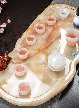 家用高端整块玉石茶盘套装轻奢简约琉璃茶具家用茶海玻璃功夫茶台