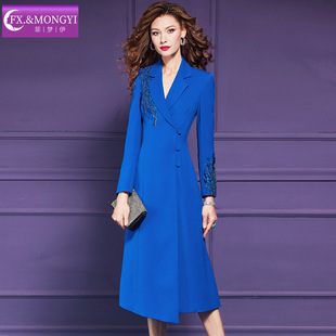 菲梦伊钉珠蓝色连衣裙女冬春季设计感商务修身休闲气质西装领大衣