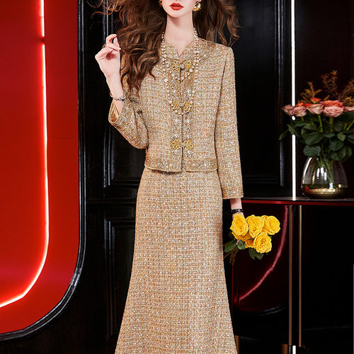 千金钉珠无袖连衣裙中式盘扣外套