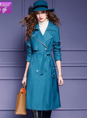 菲梦伊蓝色风衣外套女中长款秋季西装领英伦风收腰双排扣气质大衣