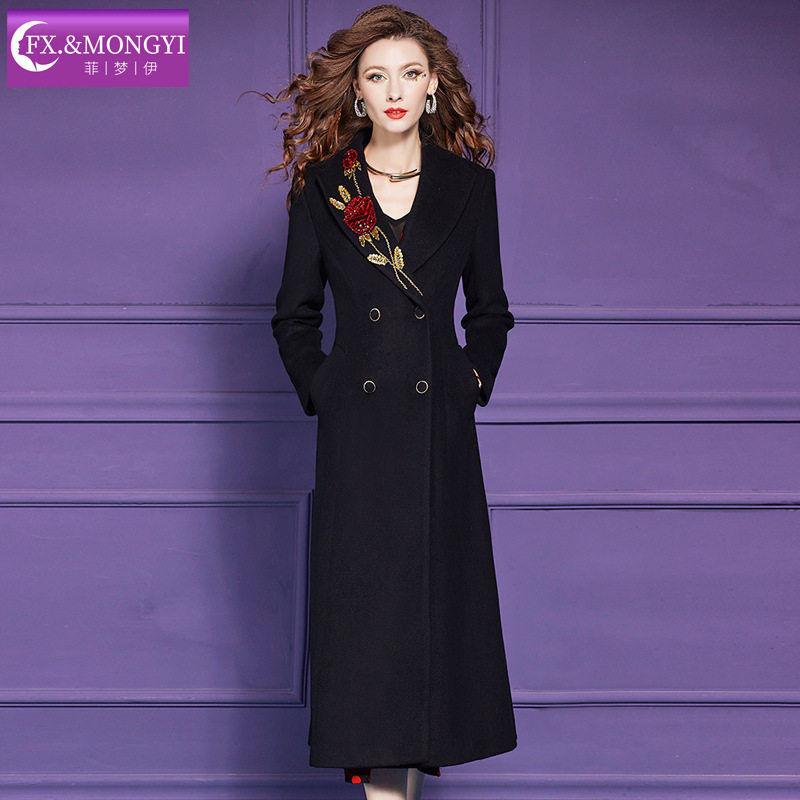 菲梦伊绣花黑色毛呢外套女冬季新款加厚双排扣中长款修身西装大衣