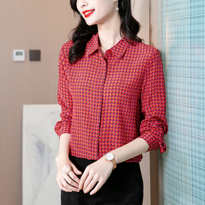 RY1674#印花红色衬衫女长袖高端简约轻熟百搭桑蚕丝上衣