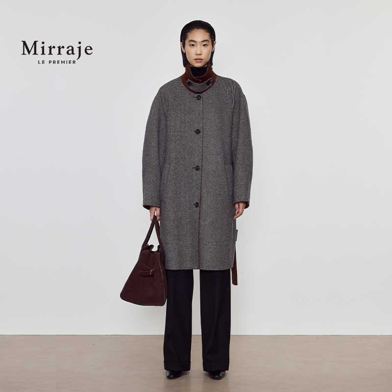 Mirraje新款羊毛混纺呢料人字纹西装长款大衣腰带外套女款大衣
