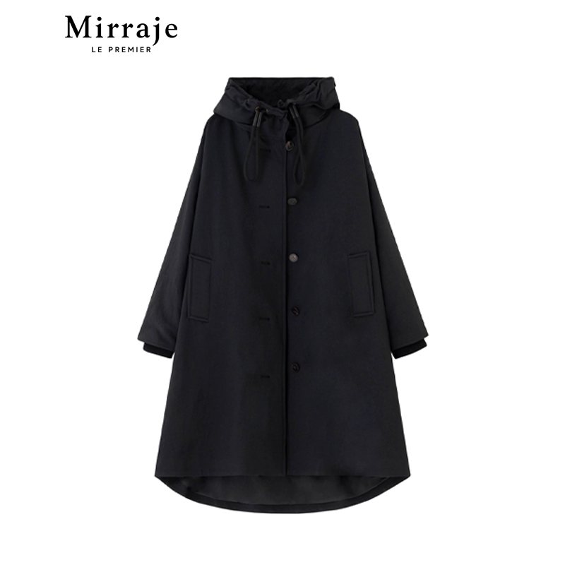 Mirraje白鹅绒高密抽绳立领廓形连帽羽绒服风衣外套长款冬季新款
