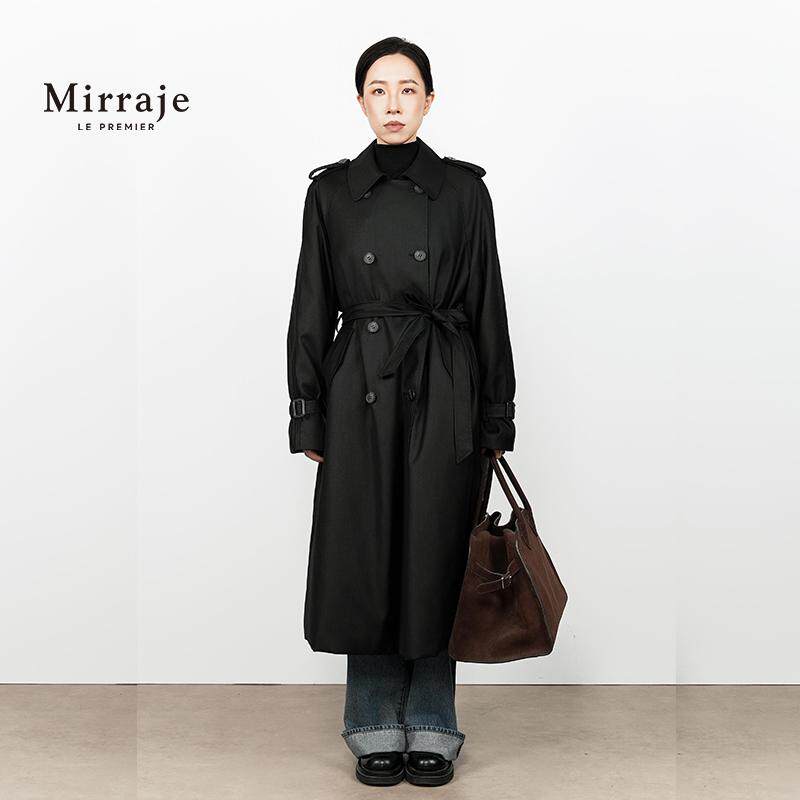 Mirraje黑色腰带风衣外套