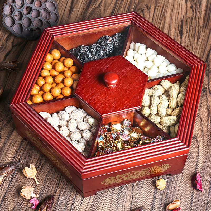 过年干果盒糖果盒喜庆家用分格带盖中式创意木质瓜子盘零食盒子水