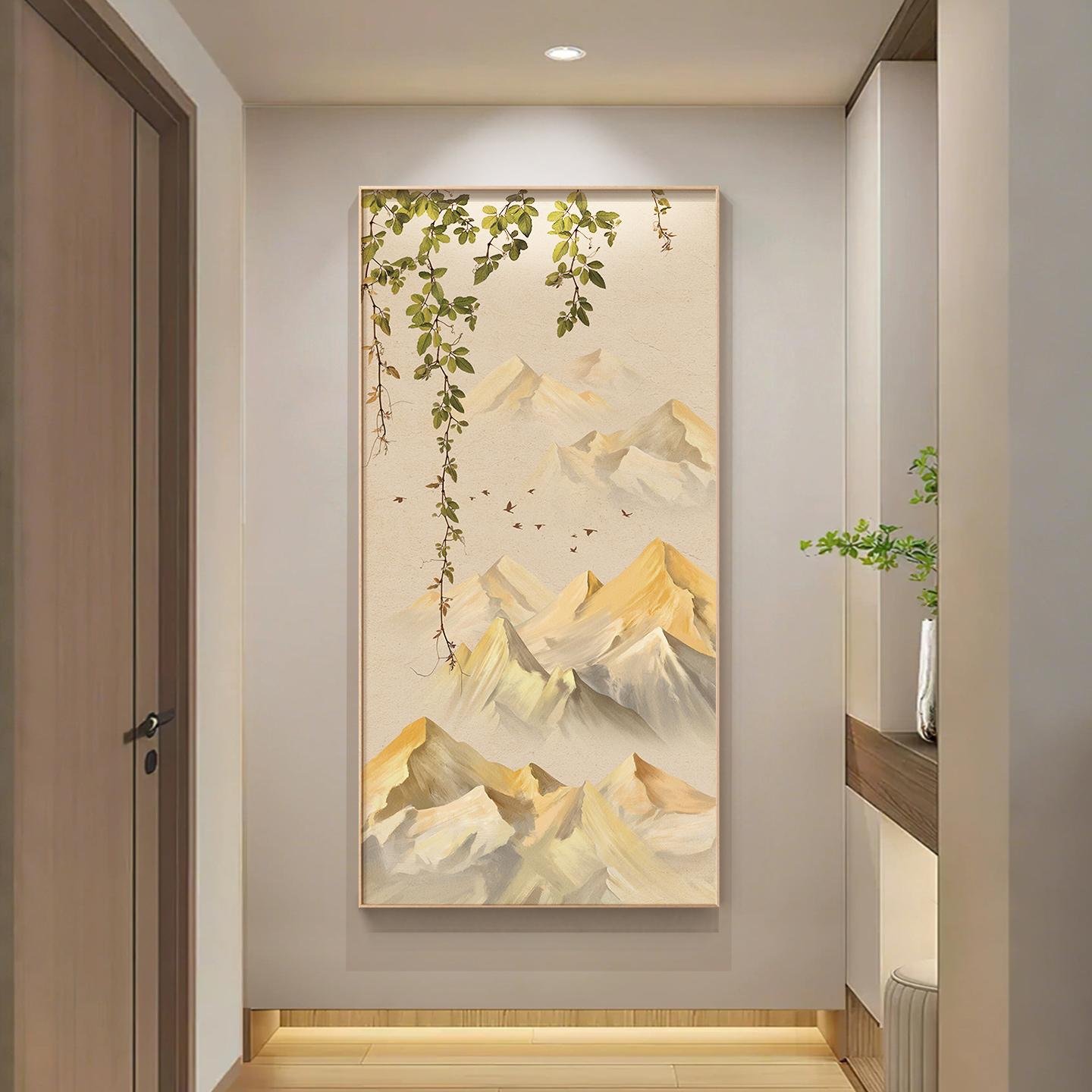 现代简约山水画靠山玄关走廊柳树装饰画轻奢挂画植物过道入户壁画