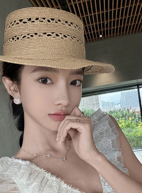 『100%拉菲草』手工编织平顶草帽子女夏2025新款防晒镂空遮阳礼帽