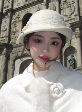 羊毛帽子秋冬蕾丝贝雷帽法式千金小礼帽千高端赫本复古毡帽盆帽子