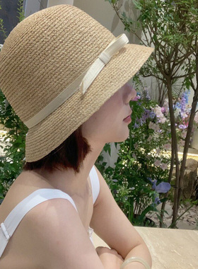 法式留洋千金蝴蝶结拉菲草帽子女春夏度假遮阳防晒优雅草编渔夫帽