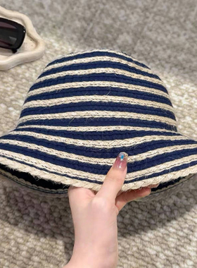 时尚天然麻绳条纹渔夫帽子女夏季新款草编遮阳防晒盆帽百搭显脸小