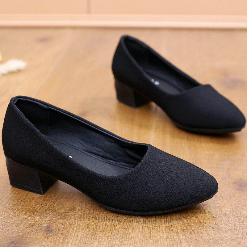 老北京布鞋女鞋浅口时尚黑色粗跟单鞋女工装职业工作鞋防滑上班鞋