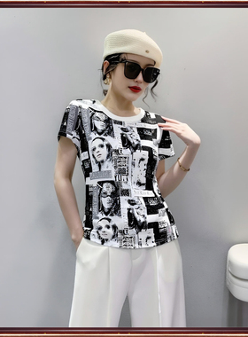 专柜拓谷潮牌夏季 修身美式复古印花时尚显瘦圆领短袖T恤女40967