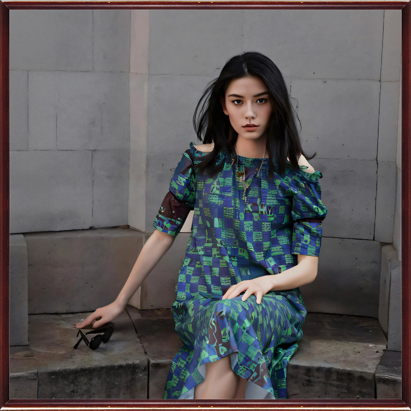 正品拓谷潮牌断码夏季时尚个性中长款印花短袖漏肩连衣裙女23508