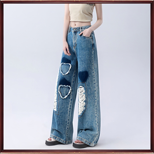 破洞阔腿牛仔长裤 休闲直筒水洗个性 女30147 扎哈潮牌春秋高腰 正品