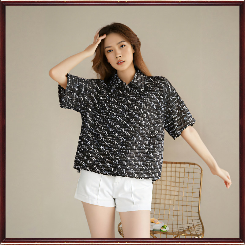 专柜拓谷潮牌断码折扣夏季复古时尚印花雪纺宽松短袖衬衫女40608