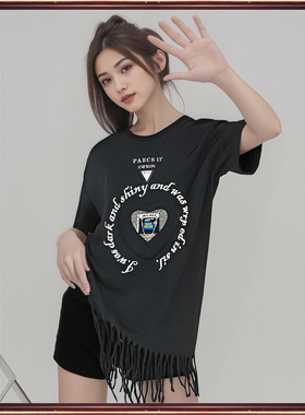 专柜扎哈潮牌夏季中长款时尚宽松复古美式印花圆领短袖t恤女21097