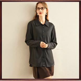 专柜朗斯莉春秋断码折扣黑色法式设计感蕾丝拼接长袖衬衫女073