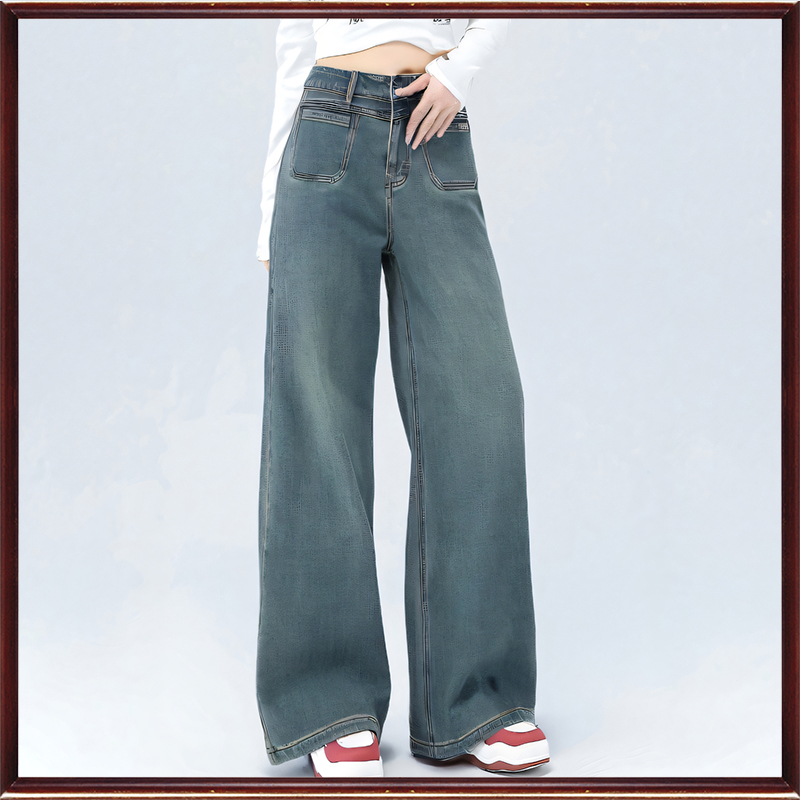 薄绒宽松大阔腿牛仔长裤女贝影
