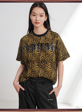 专柜拓谷潮牌夏季 欧美宽松后背网纱拼接豹纹圆领短袖T恤女30847