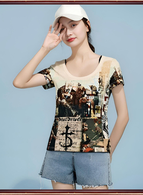专柜拓谷潮牌断码折扣夏季修身时尚美式印花圆领短袖t恤女40698