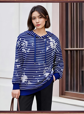 正品拓谷潮牌断码折扣冬加绒中长款宽松条纹连帽长袖卫衣女20707