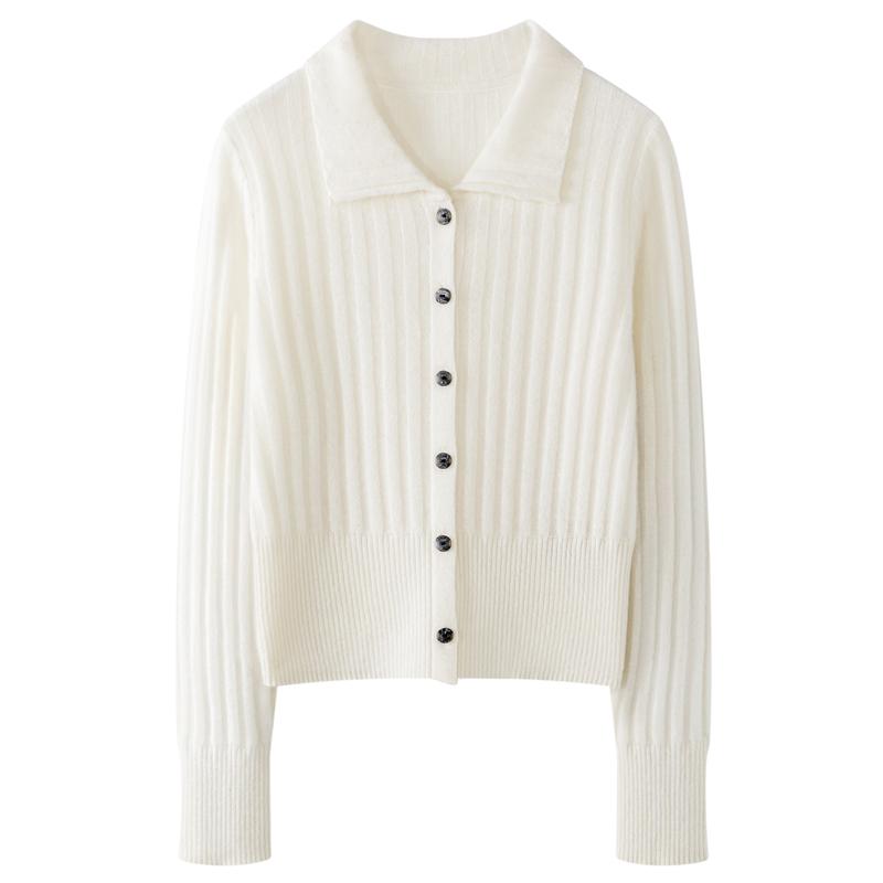 100%纯山羊绒衫女开衫秋冬短款A类纱针织毛衣外套打底衫翻领系扣