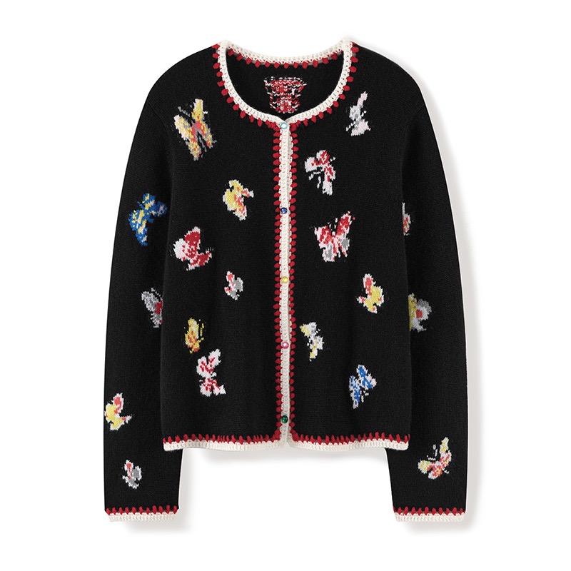 EJia原版【蝴蝶提花羊绒开衫】100%山羊绒圆领针织外套女手工钩花