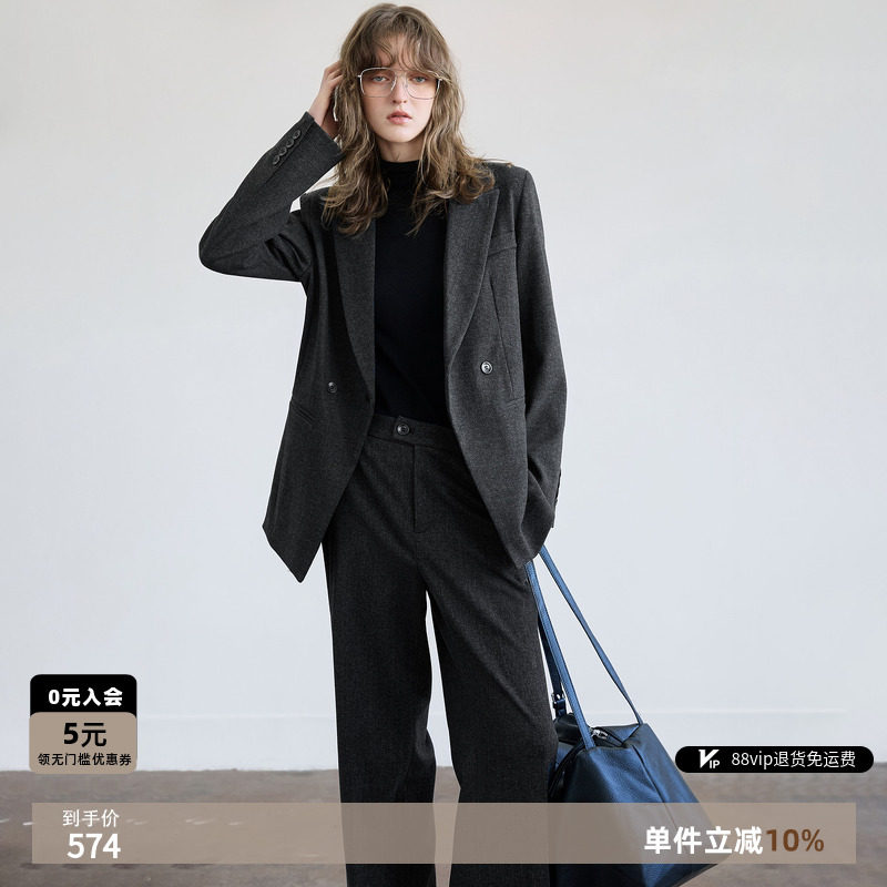 德玛纳商务通勤西服套装女26春秋新款垫肩收腰西装气质西裤两件套