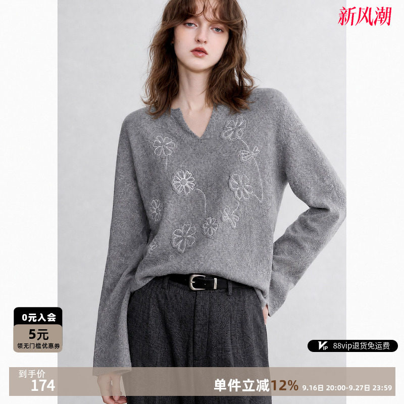 德玛纳含绵羊毛绣花针织衫女										