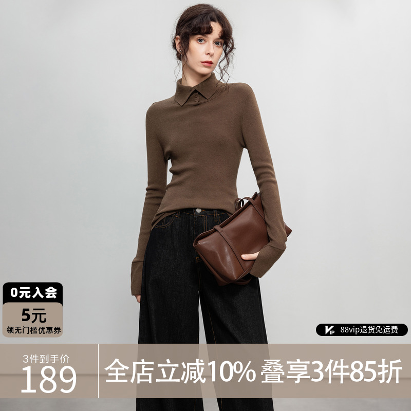 德玛纳翻领开叉修身针织衫上衣