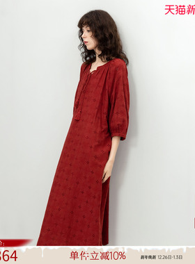 德玛纳法式文艺风纯棉连衣裙女春秋新款蕾丝刺绣系绳荷叶边长裙